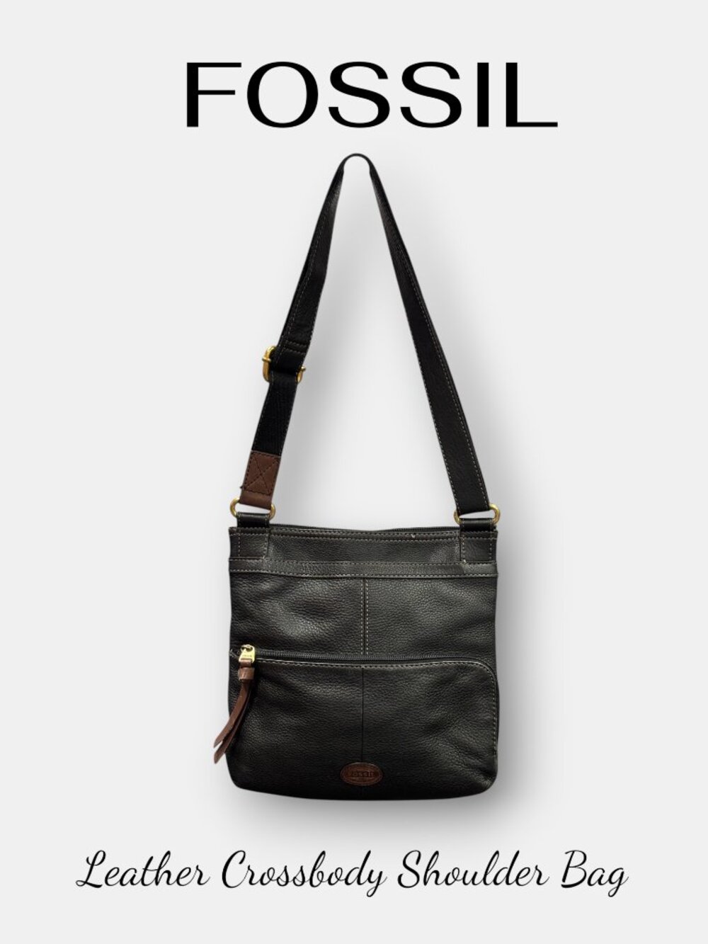 Fossil Black Pebbled Leather Crossbody Bag Brown Accents Brass Hardware